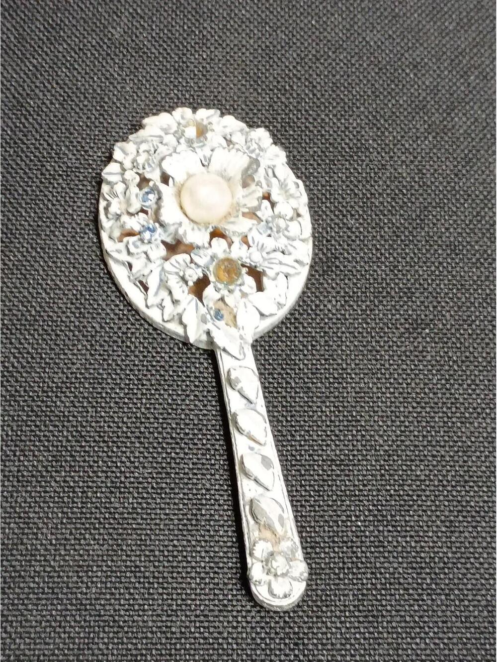 Vintage Hand Mirror with Floral Design and Faux Pearls